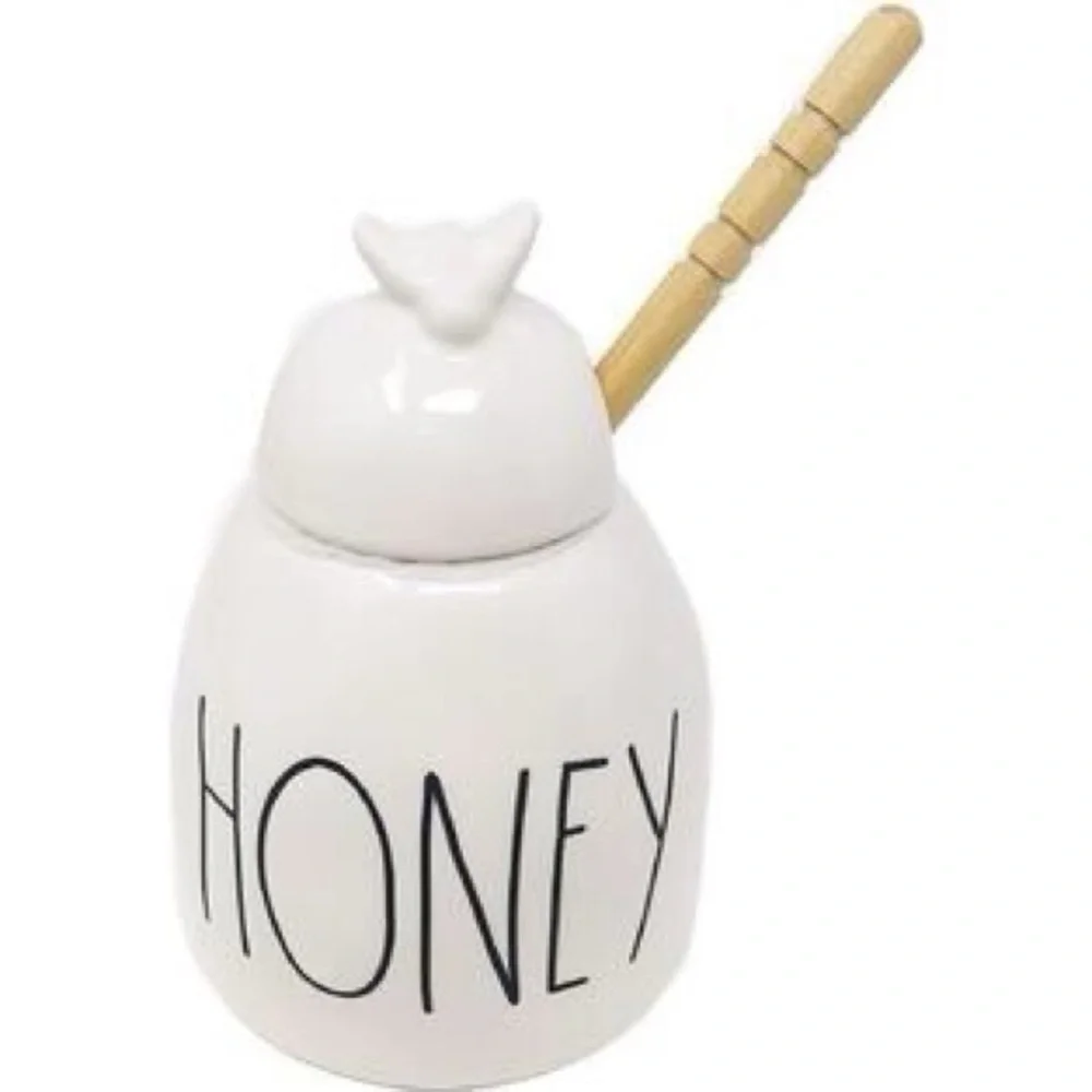 Rae Dunn Honey Pot Ceramic Honey Jar With Wooden Dipper Farmhouse Kitchen NWT